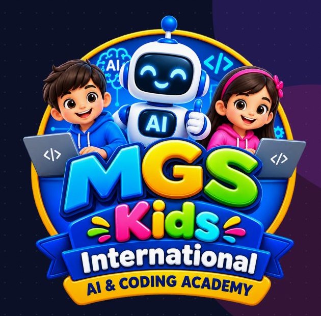 MGS Kids International AI and Coding Academy: kids and a friendly robot